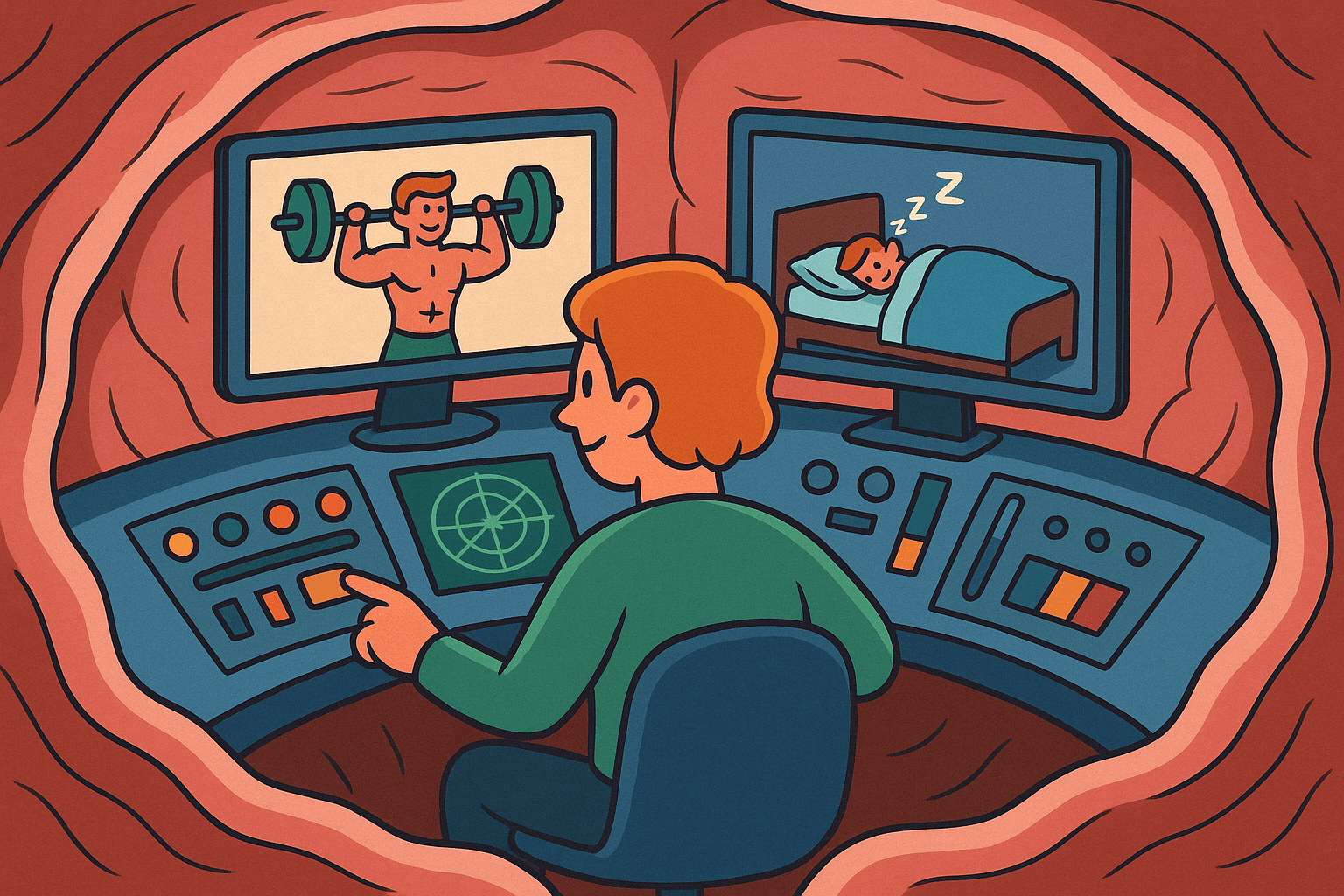 Person at a control panel choosing between healthy habits and rest, symbolizing systems over goals