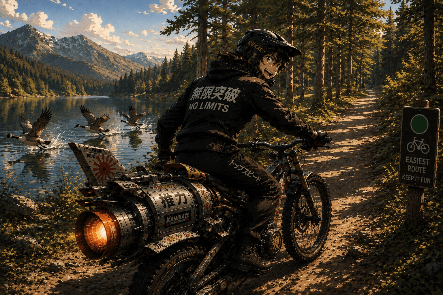 The same rider on the jet-powered e-bike cruising an easy lakeside forest trail, passing a green-circle 'Easiest Route — Keep It Fun' sign as geese lift off the water.