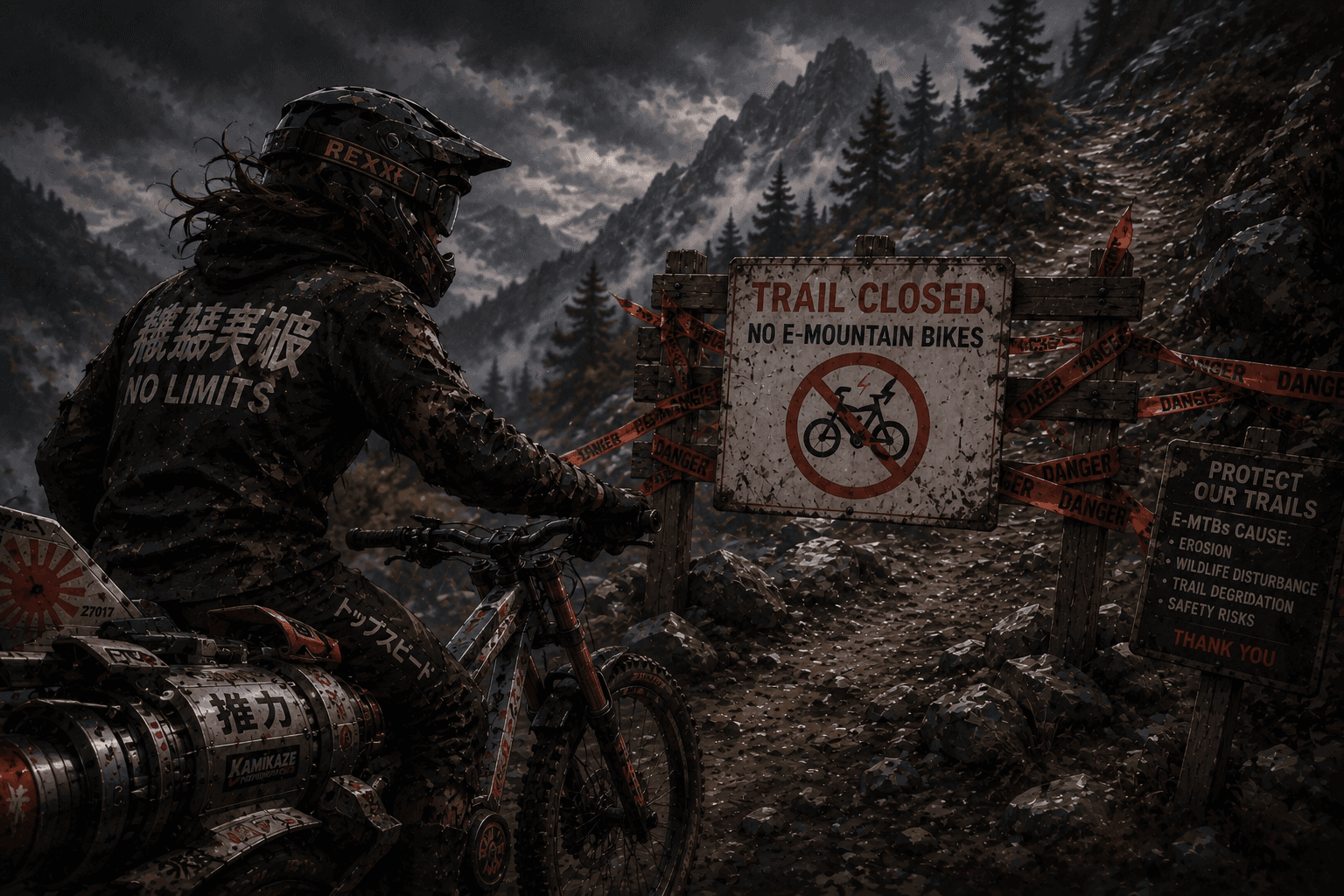 The rider stopped at a weathered 'Trail Closed — No E-Mountain Bikes' sign wrapped in danger tape on a stormy ridge, beside a 'Protect Our Trails' notice listing erosion, wildlife disturbance and safety risks.