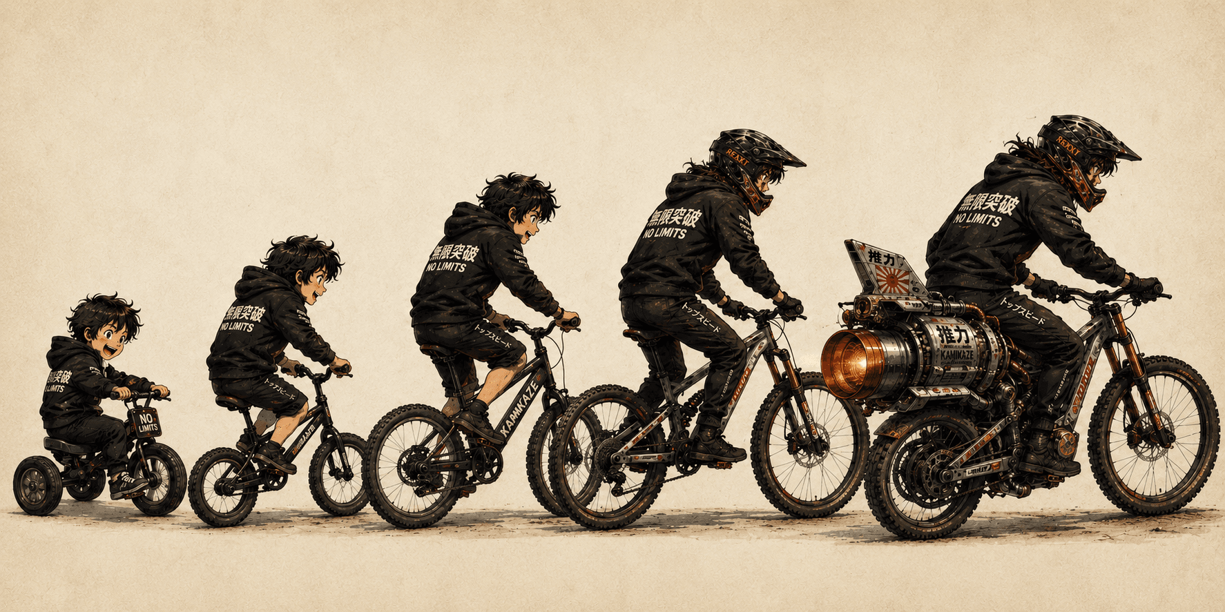 An 'evolution of a rider' progression: the same NO LIMITS kid growing up across the frame, from a trike with training wheels, to a balance bike, a kids' mountain bike, a full trail bike, and finally a jet-turbine e-bike — years of skill built up before the motor is ever bolted on.