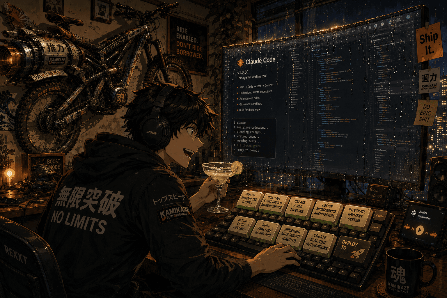 An anime-style developer grinning at a desk in front of a huge monitor running Claude Code with all checks green, headphones on, a jet-turbine mountain bike mounted on the wall beneath a 'Ride Enabled. Don't Ride Borrowed.' poster.