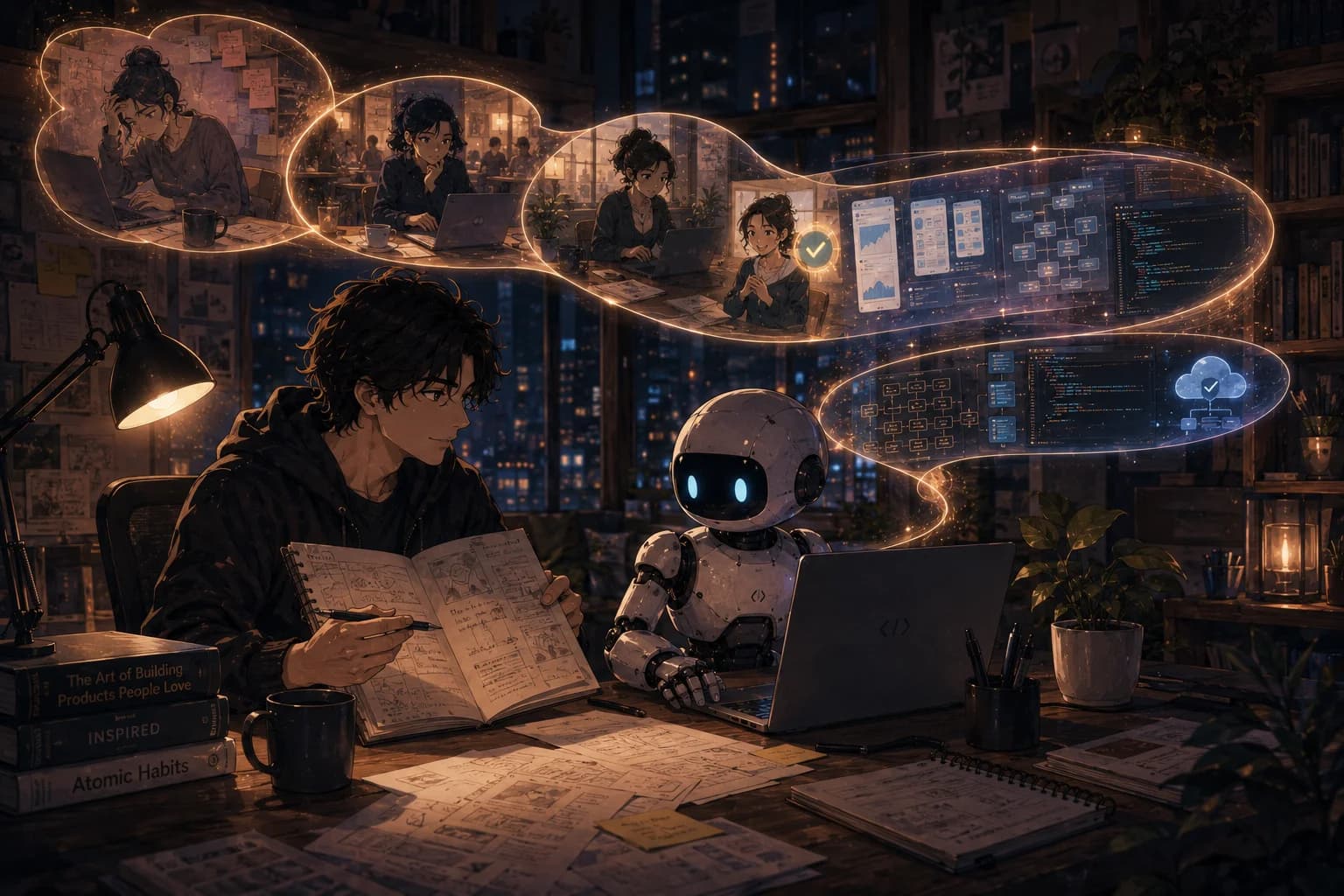 A developer sketches a product's story in a notebook beside an AI robot at a laptop, thought-bubbles tracing the journey from a lone idea to a shipped product.
