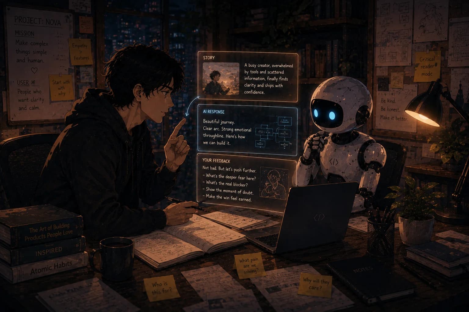 A developer and an AI robot at a desk: the story pane shows a warm, coherent narrative; the AI's response pane calls it a beautiful journey with a clear arc; the developer's feedback pane, under a 'critical reader mode' note, pushes back — what's the deeper fear, show the moment of doubt, make the win feel earned.