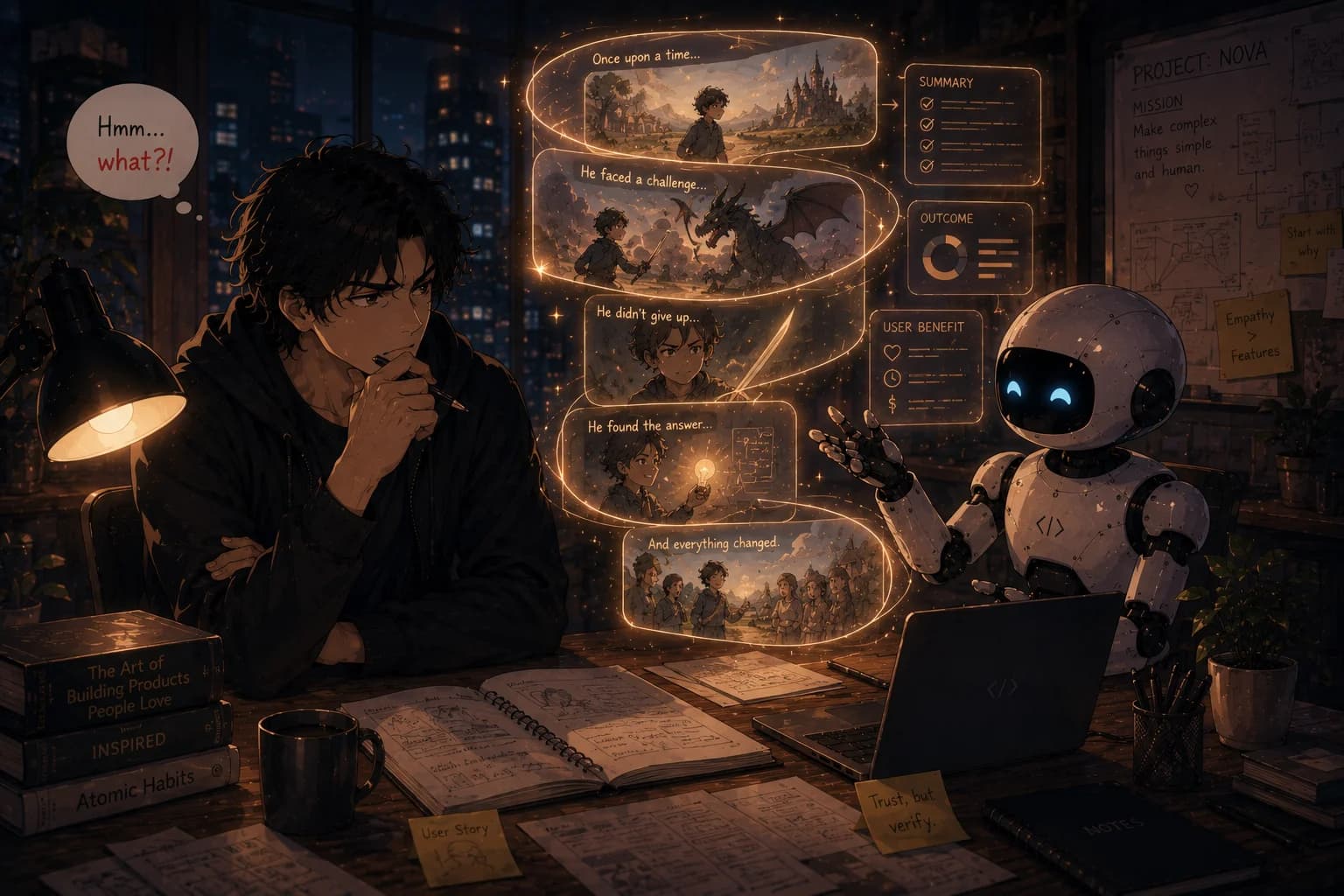 A developer reads a glowing five-panel story the AI has just told — once upon a time, a challenge, persistence, an answer, and a happy ending — captioned 'Hmm... what?!', while sticky notes on the desk read 'User Story' and 'Trust, but verify.'