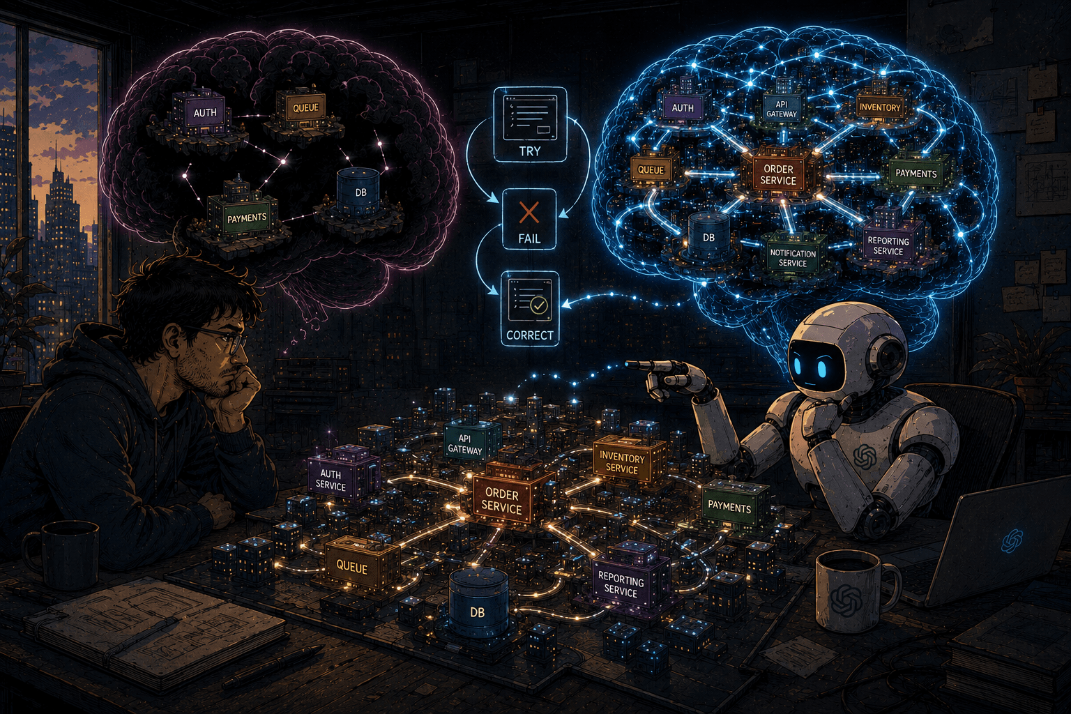 Split scene: a developer with a dim, sparsely connected mental model of a system on the left, and an AI agent with a bright, densely connected model on the right, with a try, fail, correct loop between them, showing the agent gets the prediction-error signal instead of the human.