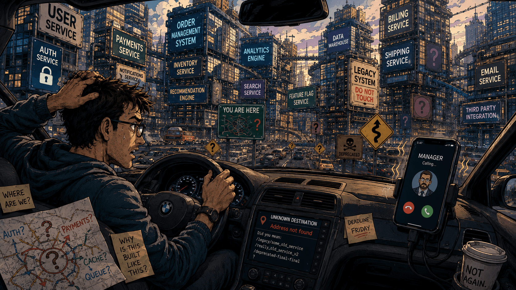 A developer driving through a sprawling city of towering microservices, the GPS reading 'unknown destination, address not found,' the manager calling and a Friday deadline taped to the dash, lost inside a system nobody on the team fully understands.