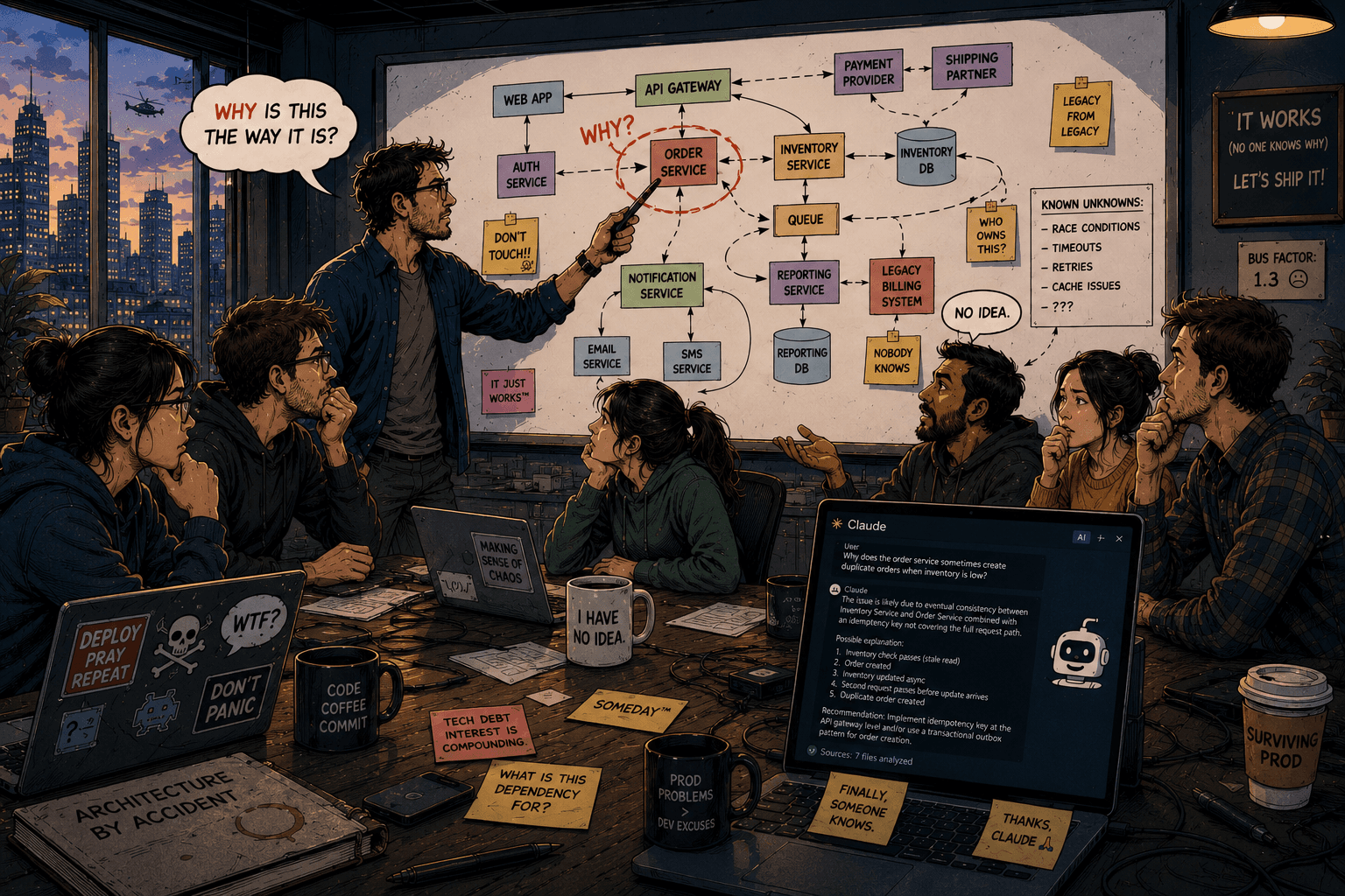 An engineering team gathered at a whiteboard covered in microservices and sticky notes, unable to explain why their own order service works the way it does, turning to Claude on a laptop to answer 'why is this the way it is?'